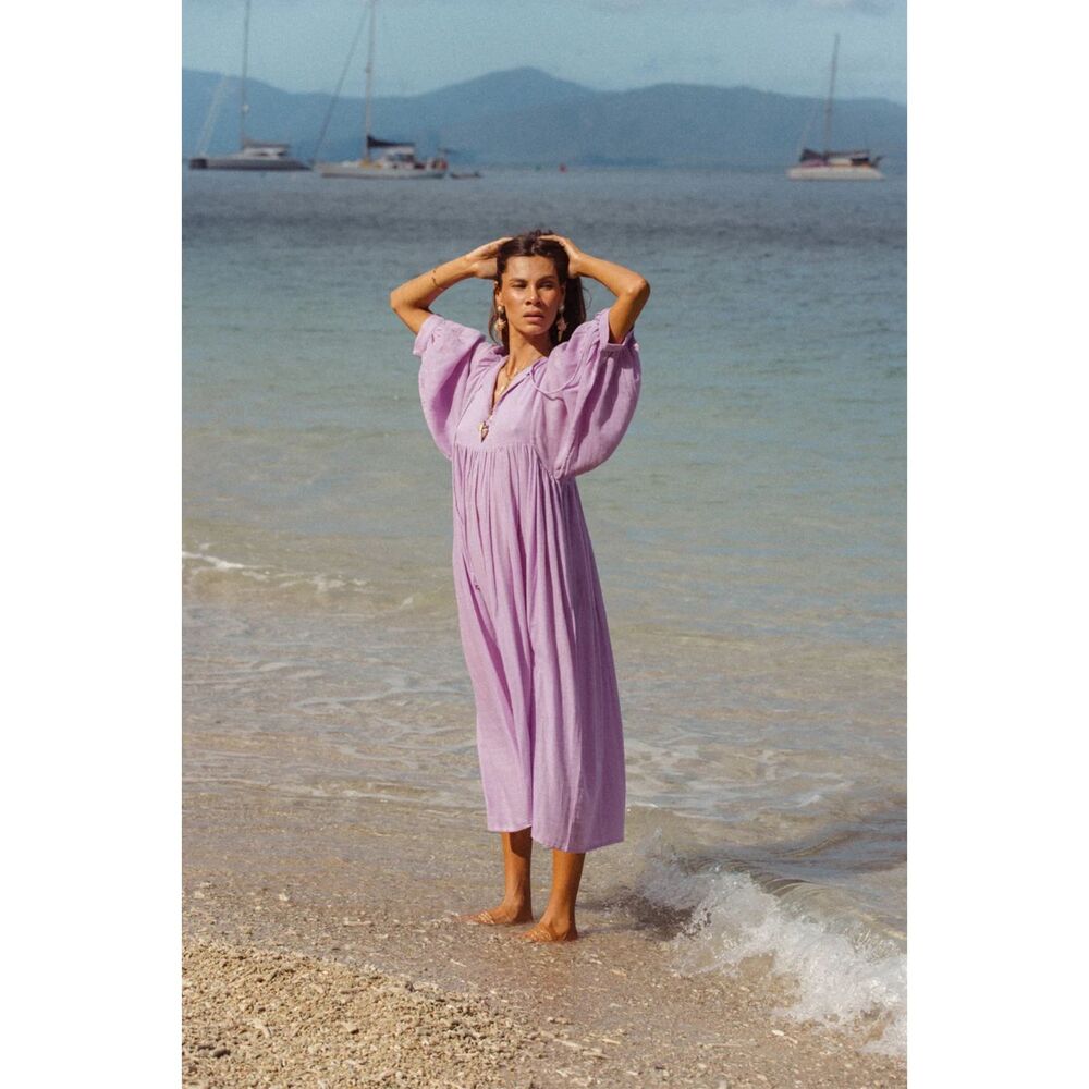 Daughters of India Small Kyra Lilac Gauze Midi Dress with Balloon Sleeves